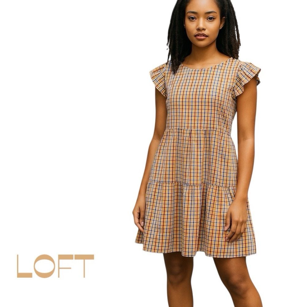 LOFT White Red Blue Yellow Plaid Dress  NWOT Size M Festival Bohemian